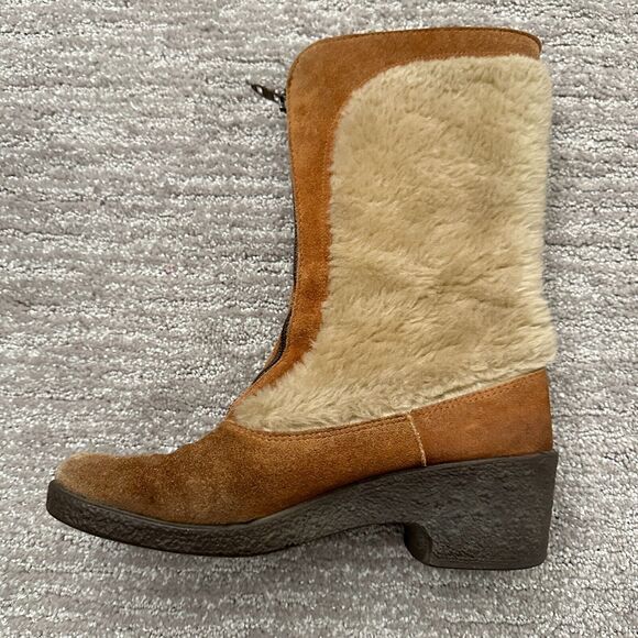 VTG Quoddy Moccasins Boots Brown Shearling Leather USA Made 60s Western Boho - Picture 5 of 15